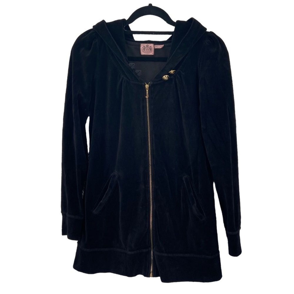 Juicy Couture Women's Black Velour Longline Zip Up Hoodie Gold Crown Buttons‎